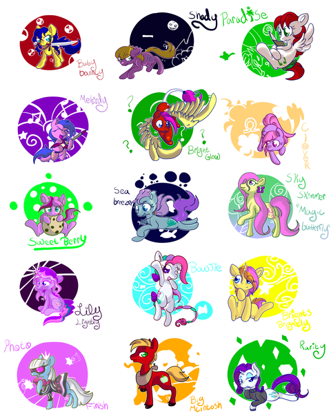 Size: 2100x2625 | Tagged: safe, artist:cotton, derpibooru import, baby bouncy, big macintosh, bow tie (g3), brightglow, brights brightly, clover (g1), lily lightly, melody, paradise, photo finish, rarity, sea breeze, shady, sky skimmer, sweet berry, earth pony, pony, my little pony tales, g1, g2, g3, high res, male, stallion, tropical ponies