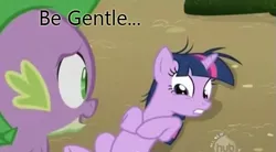 Size: 635x350 | Tagged: suggestive, derpibooru import, edit, edited screencap, screencap, spike, twilight sparkle, dragon, pony, unicorn, caption, female, implied foalcon, implied rape, mare, on back, out of context