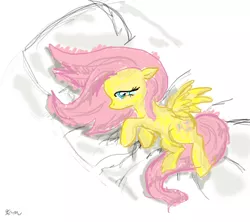 Size: 648x576 | Tagged: safe, artist:catscratchpaper, derpibooru import, fluttershy, pegasus, pony, bed, female, mare, on bed, profile, side, solo, spread wings, top down, wings