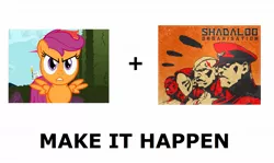 Size: 1337x796 | Tagged: safe, derpibooru import, scootaloo, all caps, balrog (japanese), balrog (street fighter), exploitable meme, how about no, image, jpeg, m. bison, make it happen, meme, meta, pun, sagat, shadaloo, street fighter, vega