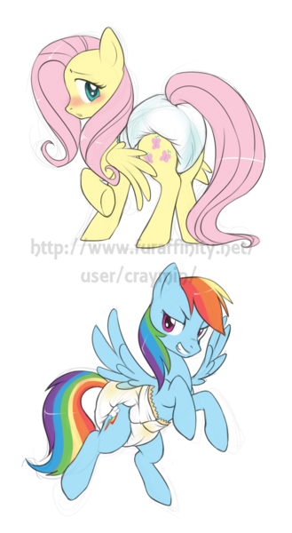 Size: 658x1200 | Tagged: artist:craymin, derpibooru import, diaper, diaper fetish, fluttershy, questionable, rainbow dash, urine, wet diaper