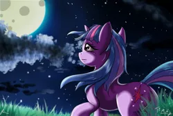 Size: 3000x2000 | Tagged: safe, artist:72-hours-remain, derpibooru import, twilight sparkle, pony, unicorn, grass, high res, moon, night, solo, stars, unicorn twilight, windswept mane