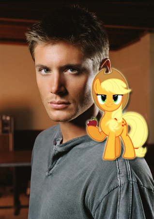 Size: 318x450 | Tagged: applejack, artist:iron-ghos, dean winchester, derpibooru import, human, irl, jensen ackles, photo, safe, shoulder pony, supernatural