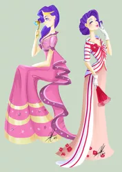 Size: 900x1273 | Tagged: artist:ladyamaltea, becoming popular, clothes, derpibooru import, dress, female, gala dress, human, humanized, rarity, safe, solo