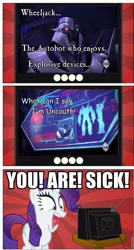 Size: 513x960 | Tagged: safe, derpibooru import, rarity, pony, exploitable meme, megatron, meme, transformers, tv meme, uncouth, wheeljack