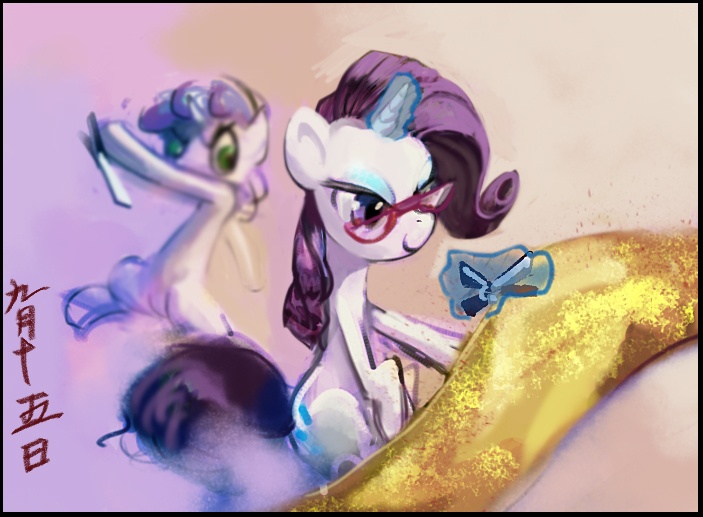 Size: 703x517 | Tagged: safe, artist:electrixocket, derpibooru import, rarity, sweetie belle, pony, unicorn, female, glasses, glowing horn, gold silk, knife, sisters, spy belle