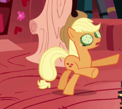 Size: 290x260 | Tagged: animated, applejack, cropped, cucumber, derpibooru import, food, look before you sleep, safe, screencap, solo