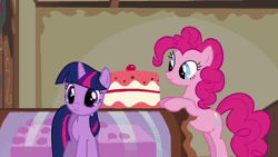 Size: 640x360 | Tagged: animated, cake, cartoon physics, derpibooru import, duo, eating, food, pinkie pie, safe, screencap, swallowing, swarm of the century, twilight sparkle