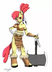 Size: 1230x1692 | Tagged: anthro, apple bloom, artist:siberwar, axe, barbarian, derpibooru import, pose, safe, solo, unguligrade anthro