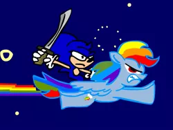 Size: 799x600 | Tagged: artist:rogerregorroger, crossover, derpibooru import, nyan cat, nyan dash, rainbow dash, riding, safe, sonic the hedgehog, sonic the hedgehog (series), sword