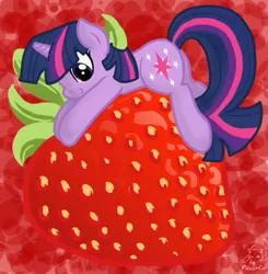 Size: 619x632 | Tagged: artist:mischakins, derpibooru import, micro, safe, solo, strawberry, tiny ponies, twilight sparkle