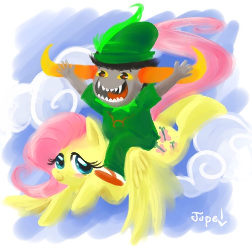 Size: 500x500 | Tagged: safe, artist:jupeboxgal, derpibooru import, fluttershy, pegasus, pony, cloud, crossover, duo, flying, homestuck, riding, sky, smiling, tavros nitram, tavroshy