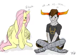 Size: 1050x750 | Tagged: artist:xxxpyromaniaxxx, blushing, crossover, crossover shipping, derpibooru import, fluttershy, homestuck, looking away, safe, shipping, shy, sitting, tavroshy, tavros nitram