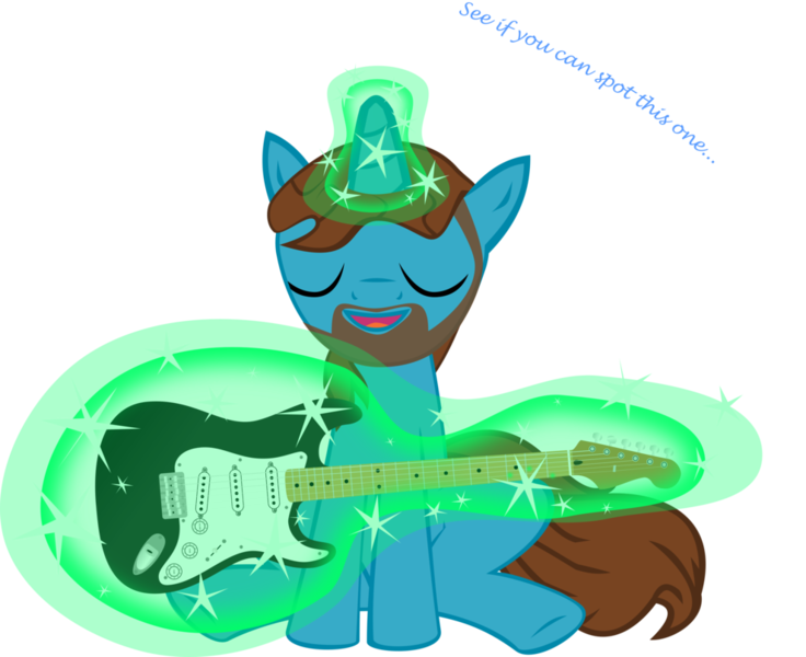 Size: 990x807 | Tagged: safe, artist:shimmerscroll, derpibooru import, ponified, pony, unicorn, beard, classic rock ponies, electric guitar, eric clapton, eyes closed, facial hair, fender stratocaster, glowing horn, guitar, levitation, magic, magic aura, male, musical instrument, musician, sitting, stallion, telekinesis