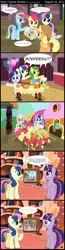 Size: 900x3442 | Tagged: safe, artist:innuendo88, artist:wildtiel, derpibooru import, apple bloom, apple fritter, applejack, big macintosh, bon bon, fluttershy, granny smith, mayor mare, rainbow dash, rarity, sweetie drops, twilight sparkle, winona, earth pony, pegasus, pony, unicorn, apple family member, comic, female, male, mare, spanish, stallion, translation