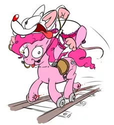 Size: 417x458 | Tagged: semi-grimdark, artist:ishoka, derpibooru import, pinkie pie, earth pony, mouse, pony, blood, bridle, cartoon physics, clothes, crossdressing, crossover, drool, faic, pinky, pinky and the brain, railroad, riding, saddle, stockings, thigh highs, tongue out, wat