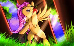 Size: 3200x2000 | Tagged: safe, artist:72-hours-remain, derpibooru import, fluttershy, pegasus, pony, apple, bipedal, drool, drool string, eating, grass, happy, high res, lidded eyes, perspective, solo, tree