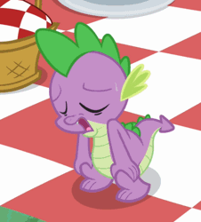 Size: 452x500 | Tagged: safe, derpibooru import, edit, edited screencap, screencap, spike, a canterlot wedding, animated, cropped, gif, image, loop, panting, picnic blanket, reversed, solo, sweat, tired