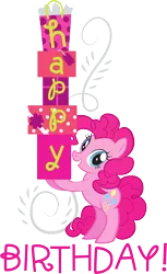 Size: 2036x3322 | Tagged: safe, derpibooru import, official, pinkie pie, pony, bipedal, birthday, happy, happy birthday, hasbro, high res, hoof hold, present, simple background, solo, stock vector, transparent background