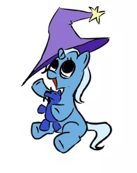 Size: 642x813 | Tagged: safe, artist:rubrony, derpibooru import, trixie, pony, unicorn, ursa minor, cute, diatrixes, female, filly, foal, happy, hat, open mouth, pointing, simple background, sitting, smiling, solo, teddy bear, underhoof, ursa plush, white background, younger