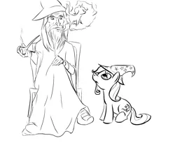 Size: 1200x1000 | Tagged: artist:rubrony, chair, crossover, derpibooru import, frown, gandalf, lidded eyes, looking up, lord of the rings, monochrome, mouth hold, pipe, safe, sitting, smoke, smoking, trixie, unamused