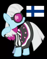 Size: 800x1000 | Tagged: safe, derpibooru import, photo finish, earth pony, pony, black background, clothes, female, finland, flag, grin, mare, pun, simple background, smiling, solo, sunglasses