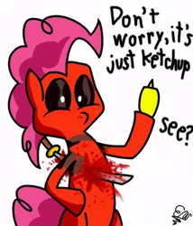 Size: 600x700 | Tagged: semi-grimdark, artist:sir-croco, derpibooru import, pinkie pie, pony, bipedal, catsup, crossover, deadpool, ketchup, mustard