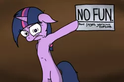 Size: 746x491 | Tagged: safe, artist:spikeandfriends, derpibooru import, twilight sparkle, pony, bipedal, creepy, crossing the memes, don't forget you're here forever, forever, frown, insanity, meme, messy mane, no fun allowed, purple, sign