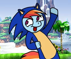 Size: 683x566 | Tagged: source needed, useless source url, safe, artist:spikeandfriends, derpibooru import, rainbow dash, pegasus, pony, blonic, blue, cosplay, crossover, derp, funny, gotta go fast, sonic the hedgehog, sonic the hedgehog (series), tongue out
