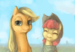 Size: 900x622 | Tagged: accessory swap, apple bloom, applejack, artist:elkaart, derpibooru import, safe