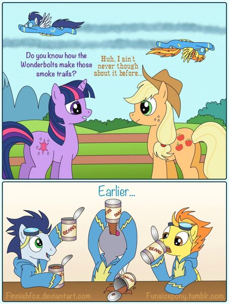 Size: 962x1280 | Tagged: safe, artist:finnishfox, derpibooru import, applejack, silver lining, silver zoom, soarin', spitfire, twilight sparkle, earth pony, pegasus, pony, unicorn, beans, butt, comic, eating, fart, female, male, mare, plot, stallion, wonderbolts