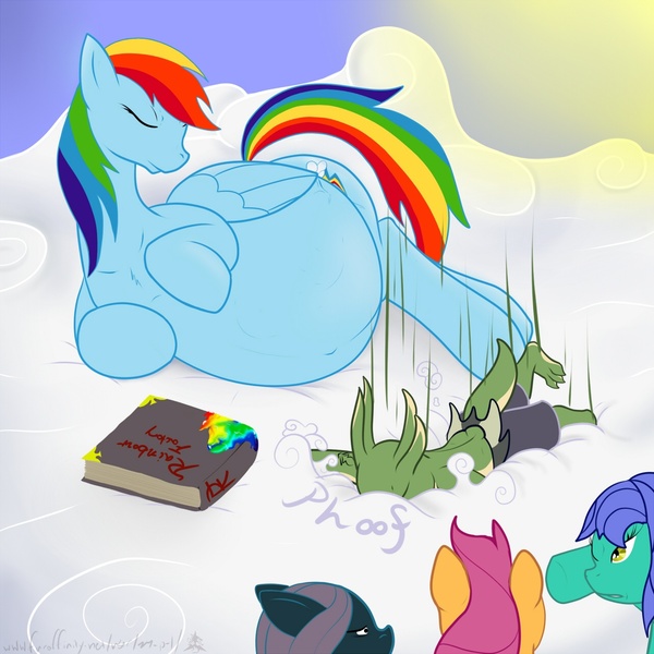 Size: 1280x1280 | Tagged: artist:m-p-l, book, cloud, derpibooru import, fanfic:rainbow factory, hyper pregnancy, impossibly large belly, kicking, oc, preggo dash, pregnant, questionable, rainbow dash, scootaloo