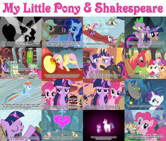 Size: 1600x1360 | Tagged: source needed, useless source url, safe, derpibooru import, edit, edited screencap, screencap, apple bloom, applejack, basil, big macintosh, clover the clever, fluttershy, pinkie pie, princess cadance, princess platinum, private pansy, queen chrysalis, rainbow dash, rarity, rover, scootaloo, shining armor, smart cookie, spike, sweetie belle, twilight sparkle, diamond dog, dragon, earth pony, pony, friendship is witchcraft, a canterlot wedding, a dog and pony show, dragonshy, feeling pinkie keen, friendship is magic, hearth's warming eve (episode), it's about time, look before you sleep, ponyville confidential, the return of harmony, winter wrap up, a midsummer night's dream, all's well that ends well, as you like it, cutie mark crusaders, elements of harmony, francis sparkle, hamlet, hearth's warming eve, henry v (play), hub logo, king lear, male, mare in the moon, measure for measure, quote, richard ii (play), shakespeare, stallion, the merchant of venice, william shakespeare
