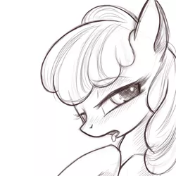 Size: 700x700 | Tagged: safe, artist:rainbow, derpibooru import, apple bloom, earth pony, pony, bedroom eyes, blushing, female, filly, grayscale, lidded eyes, monochrome, open mouth, raised hoof, simple background, solo, tongue out, white background