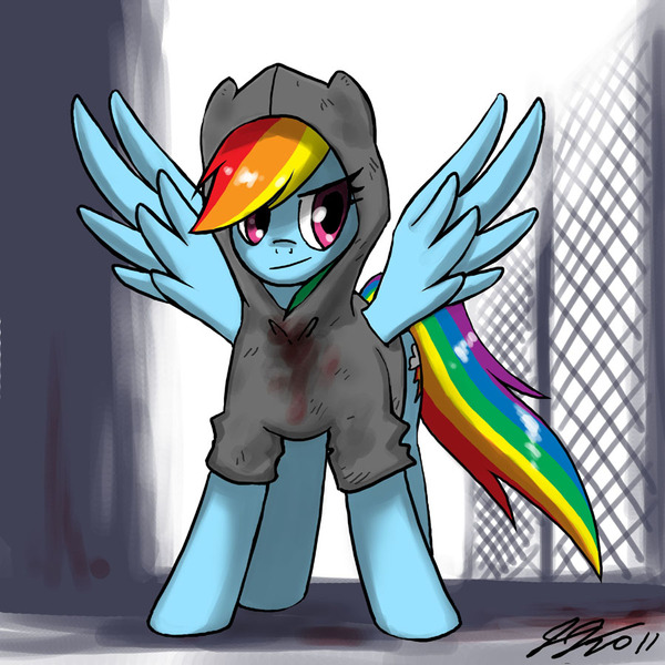 Size: 900x900 | Tagged: artist:johnjoseco, blood, clothes, derpibooru import, hoodie, hunter, left 4 dead, rainbow dash, safe, smiling, smirk, solo, spread wings, wings