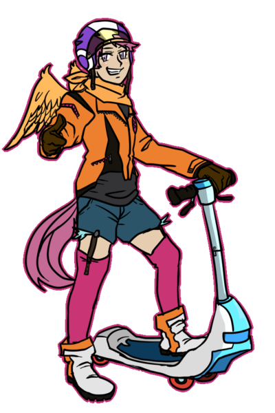 Size: 600x900 | Tagged: artist needed, clothes, derpibooru import, female, human, humanized, safe, scootaloo, scooter, simple background, solo, source needed, tailed humanization, transparent background, winged humanization