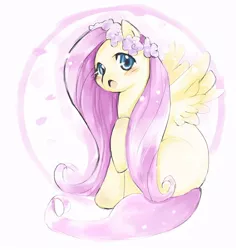 Size: 800x848 | Tagged: safe, derpibooru import, fluttershy, pegasus, pony, blushing, female, floral head wreath, flower, looking at you, mare, open mouth, raised hoof, sitting, solo, spread wings, wings