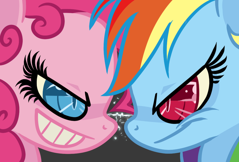 Size: 1000x676 | Tagged: artist:xenon, derpibooru import, grin, pinkie pie, rainbow dash, safe, stare down