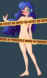 Size: 1280x2129 | Tagged: artist:angriestangryartist, artistic nudity, barefoot, belly button, blushing, breasts, censored, complete nudity, derpibooru import, feet, female, full body, human, humanized, nudity, princess luna, skinny, solo, solo female, strategically covered, suggestive, toes, wip