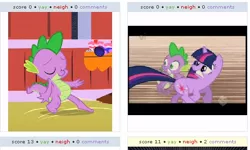 Size: 524x314 | Tagged: derpibooru, derpibooru import, exploitable meme, juxtaposition, juxtaposition win, meta, safe, spike, twilight sparkle