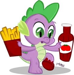Size: 400x410 | Tagged: artist:fr33z3dry, derpibooru import, food, french fries, ketchup, male, safe, simple background, solo, spike, transparent background