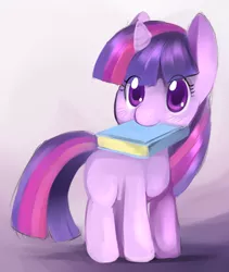 Size: 450x533 | Tagged: safe, artist:ende26, derpibooru import, twilight sparkle, book, cute, filly, mouth hold, solo, twiabetes