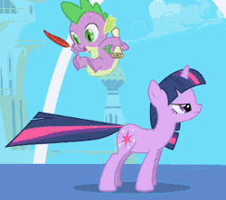 Size: 330x293 | Tagged: safe, derpibooru import, screencap, spike, twilight sparkle, dragon, pony, unicorn, friendship is magic, animated, bouncing, duo, female, loop, male, mare, quill, scroll, twilight's canterlot home, unicorn twilight