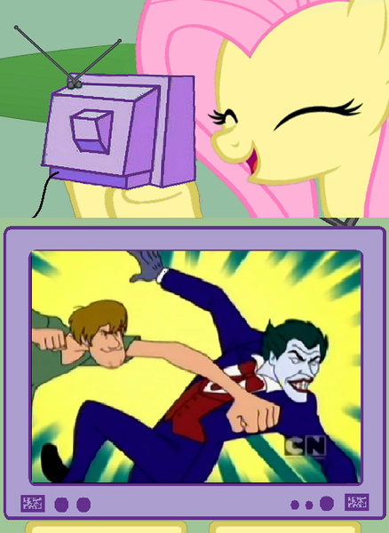 Size: 563x771 | Tagged: safe, derpibooru import, fluttershy, pony, batman, batman: the brave and the bold, crossover, epic, exploitable meme, meme, shaggy rogers, the joker, tv meme, win