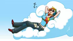 Size: 1920x1080 | Tagged: safe, artist:eshianfulika, derpibooru import, rainbow dash, human, bandaid, clothes, cloud, humanized, image, jeans, jpeg, midriff, solo, sunglasses, torn clothes