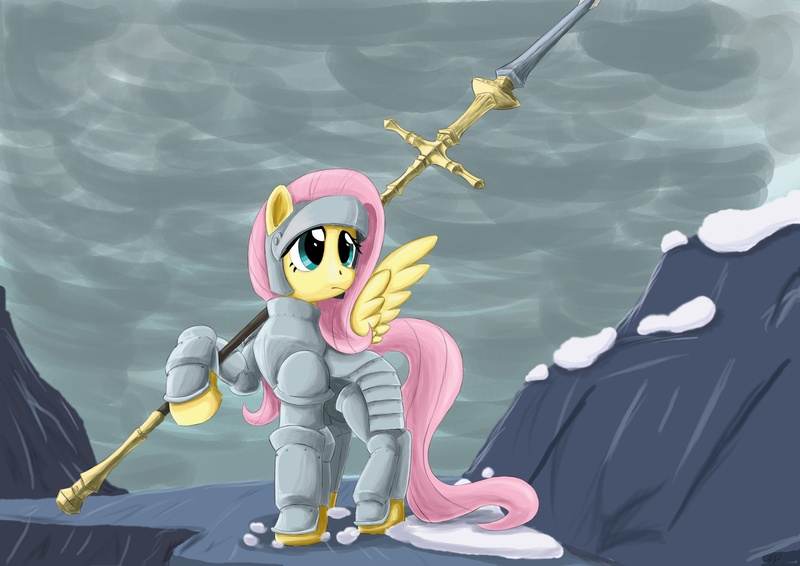 Size: 4961x3508 | Tagged: absurd resolution, armor, artist:otakuap, crossover, dark souls, derpibooru import, fantasy class, fluttershy, knight, looking up, raised hoof, safe, solo, spear, spread wings, warrior, weapon