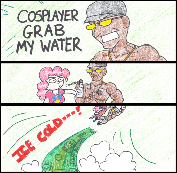 Size: 680x667 | Tagged: comic, cosplay, derpibooru import, exploitable meme, got dat ice cold water and it's only one dollar, grab my meme, humanized, ice cold water guy, otakon, pinkie pie, safe