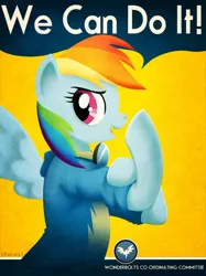 Size: 500x667 | Tagged: safe, artist:steveholt, derpibooru import, rainbow dash, pegasus, pony, female, hooves, lineless, mare, open mouth, parody, poster, propaganda, rosie the riveter, smiling, solo, spread wings, text, wings