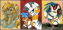 Size: 1036x500 | Tagged: safe, artist:patchwerk-kw, derpibooru import, derpy hooves, vinyl scratch, zecora, pegasus, pony, zebra, cloud, female, happy, headphones, mare, muffin, party, poison joke, smiling, turntable, wallpaper, wink