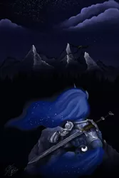 Size: 700x1050 | Tagged: armor, artist:bloo-ocean, badass, crossover, dark, derpibooru import, dragon, epic, forest, mountain, night, princess luna, prone, safe, scenery, skyrim, source needed, sword, the elder scrolls, useless source url, warrior luna, weapon